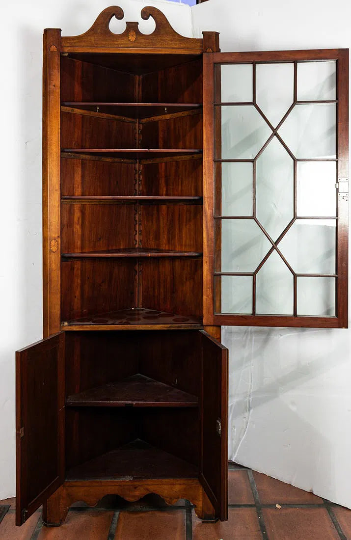 AF3-346: Antique Inlaid American Federal Corner Cabinet Early 19th Century