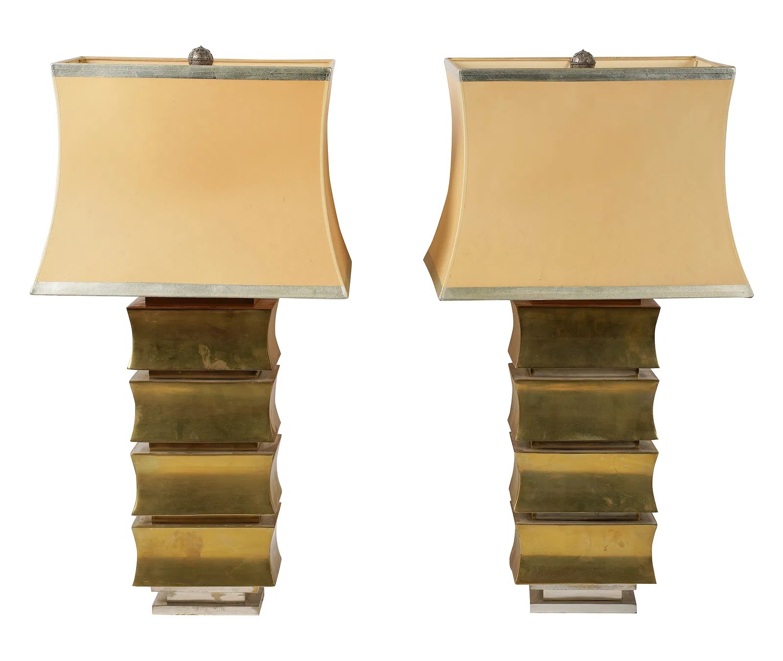  Robert Kuo Pair of Sculptural Brass Lamps With Parchment Shades | Work of Man