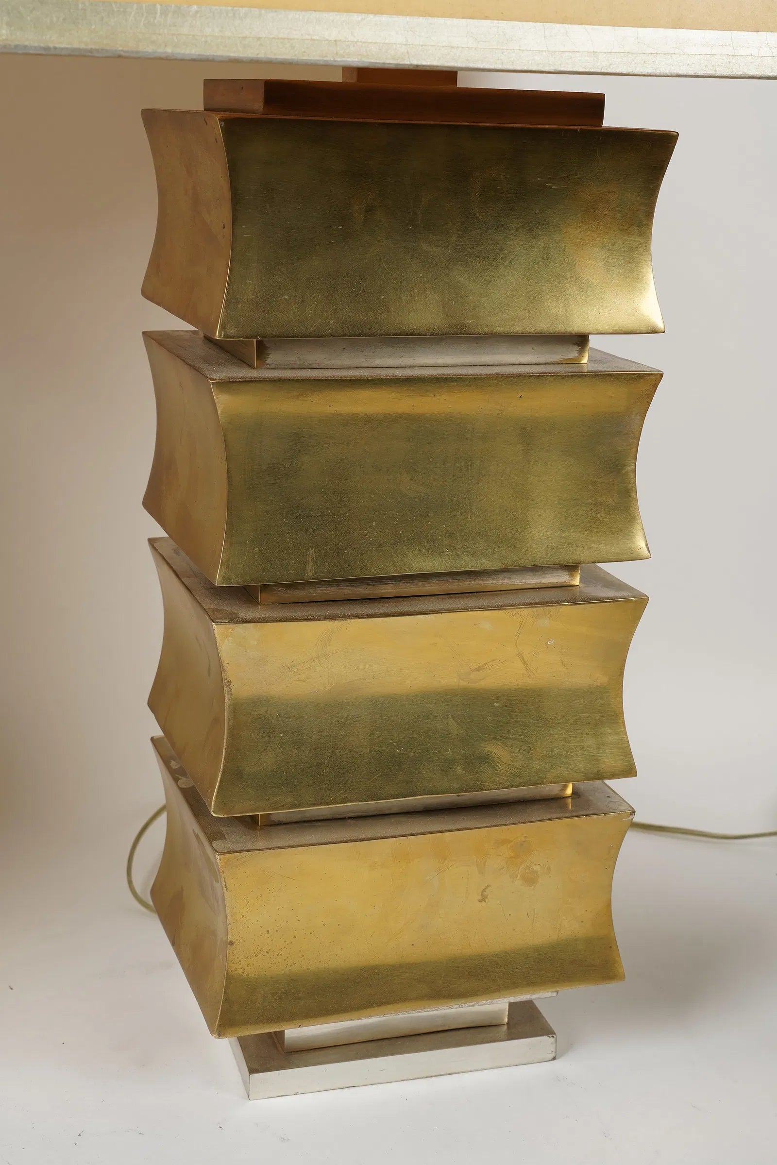 AL2-058: Robert Kuo Pair of Sculptural Brass Lamps With Parchment Shades