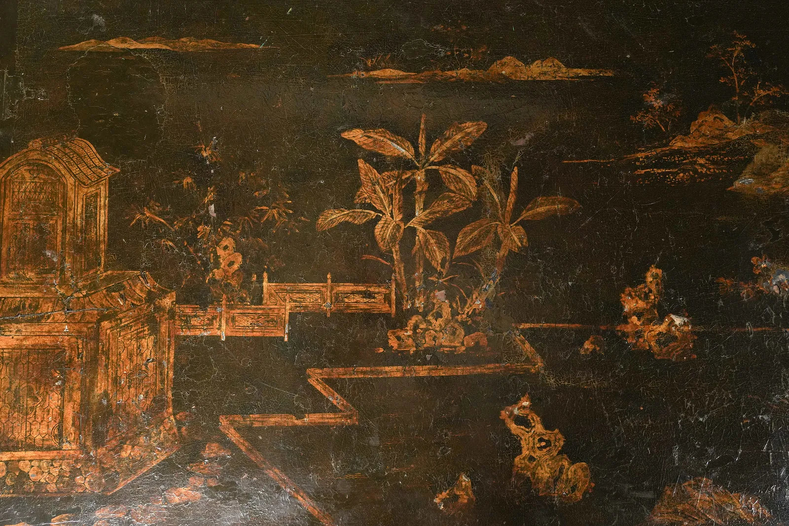 AF1-276: Antique Chinoiserie Black Lacquered Table Reduced to Coffee Table Height