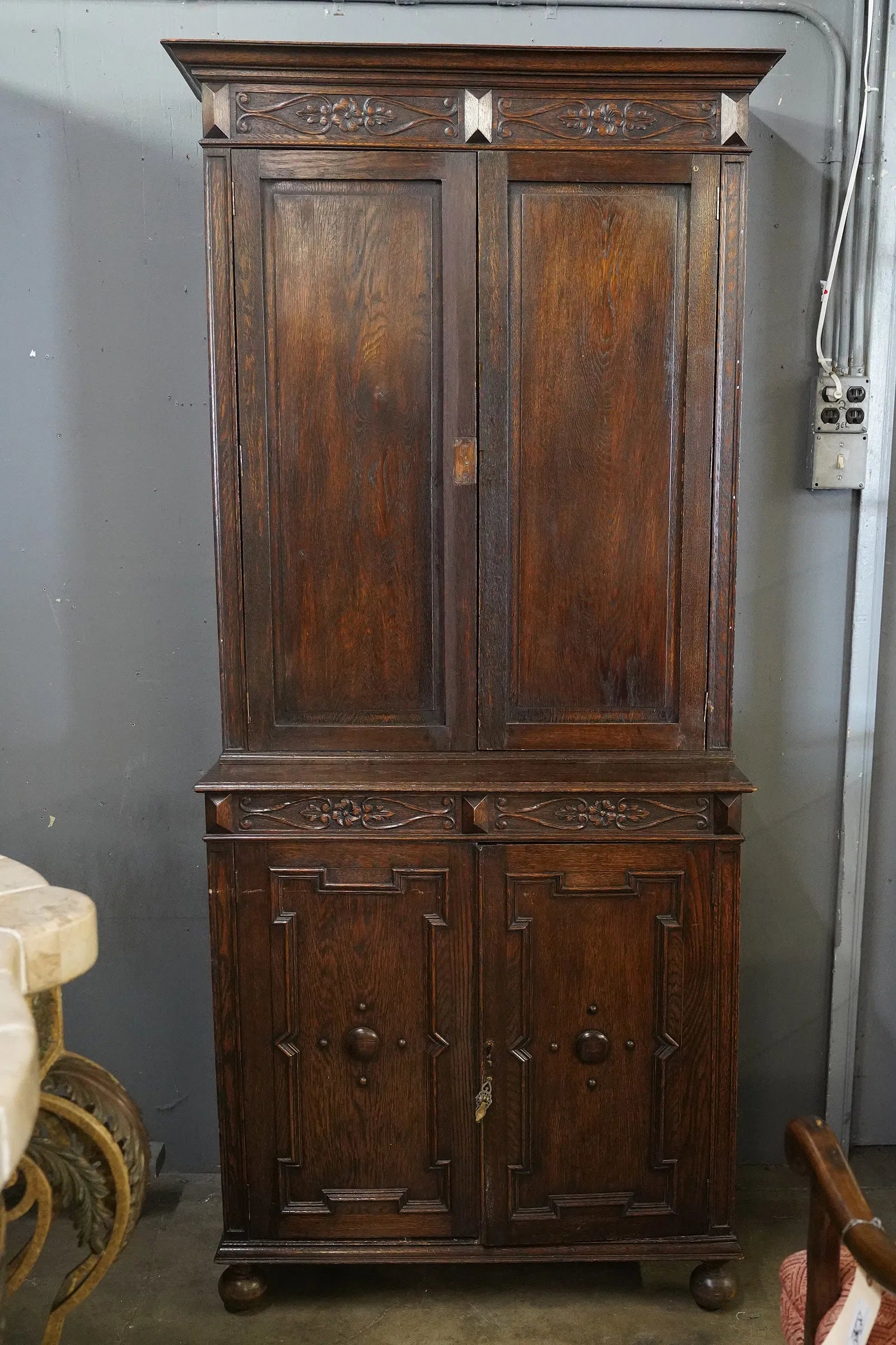 AF3-052: Antique English Oak William and Mary Style Cupboard Early 19th Century
