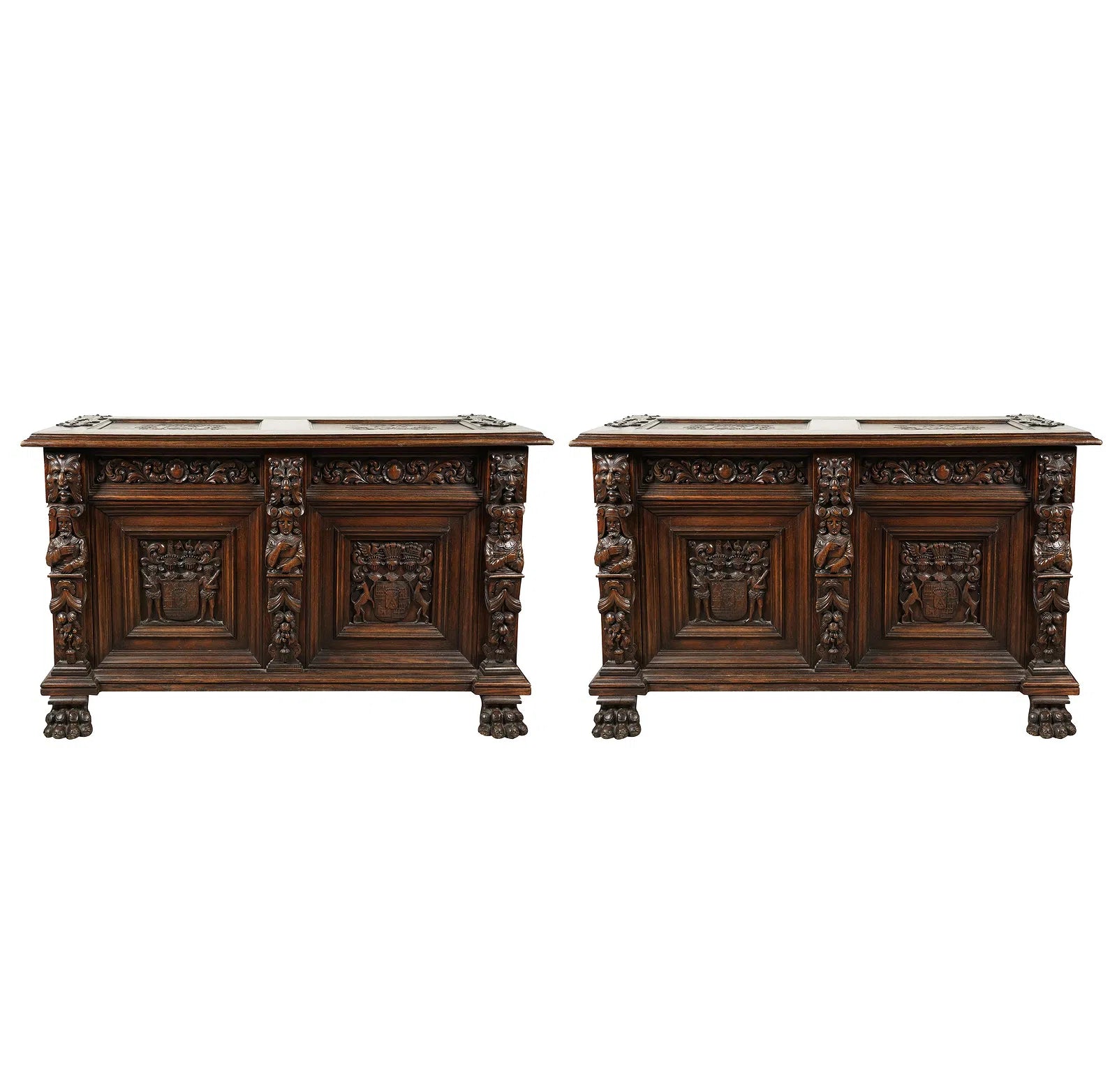 Antique Pair of Renaissance Revival Highly Carved Oak Coffers Circa 1913 | Work of Man