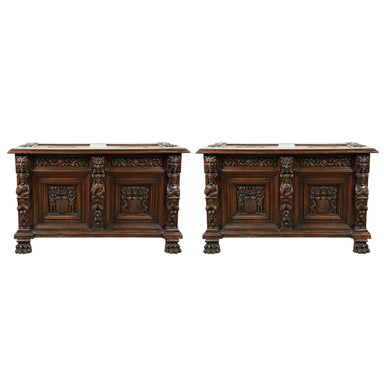 Antique Pair of Renaissance Revival Highly Carved Oak Coffers Circa 1913 | Work of Man