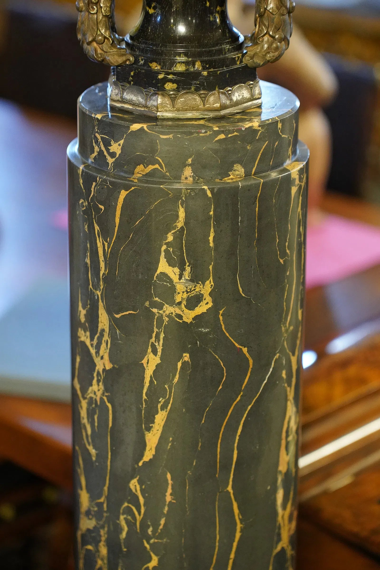 AF8-005: Antique Pair French Art Deco Marble and Silver Bronze Urns on Pedestals