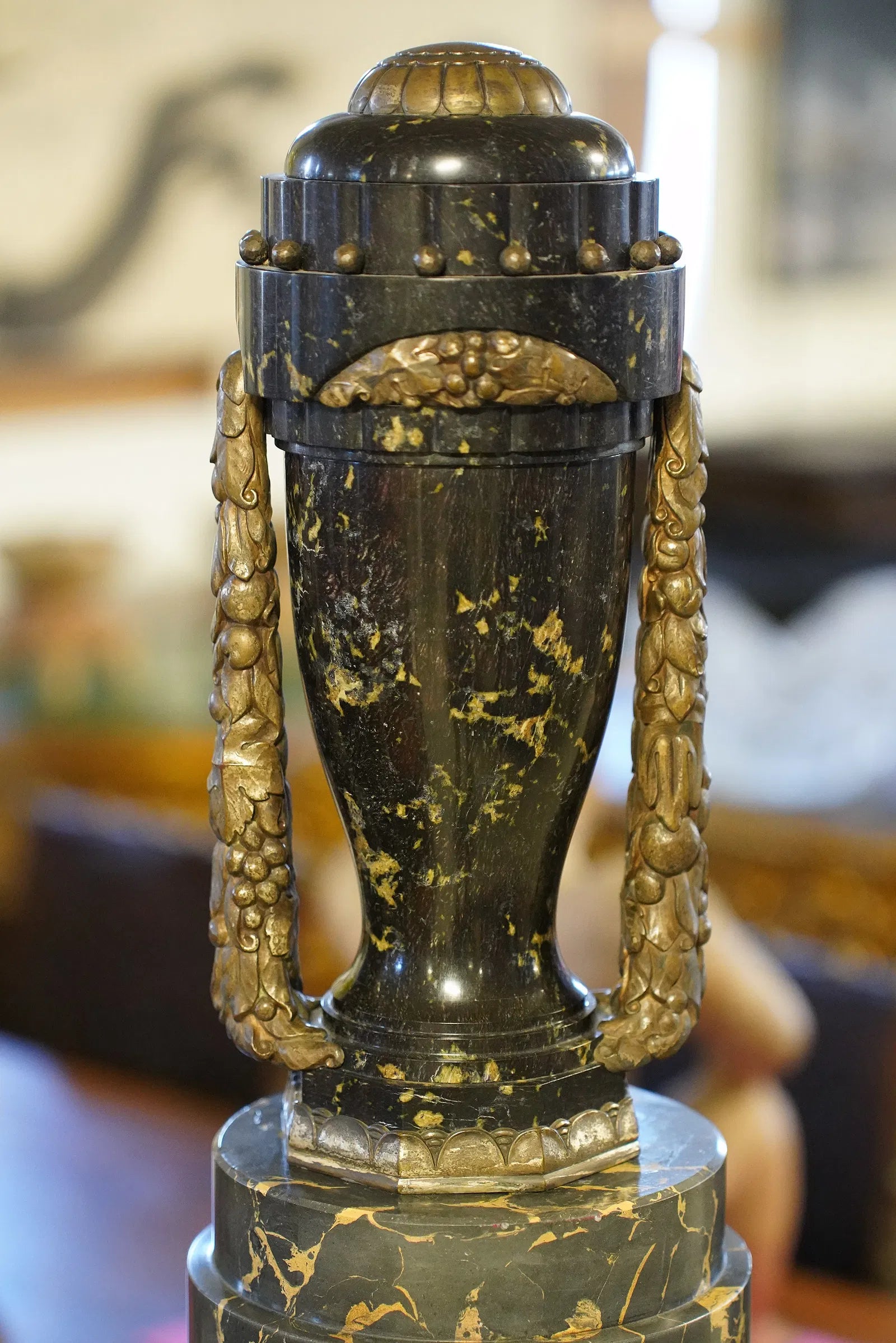 AF8-005: Antique Pair French Art Deco Marble and Silver Bronze Urns on Pedestals