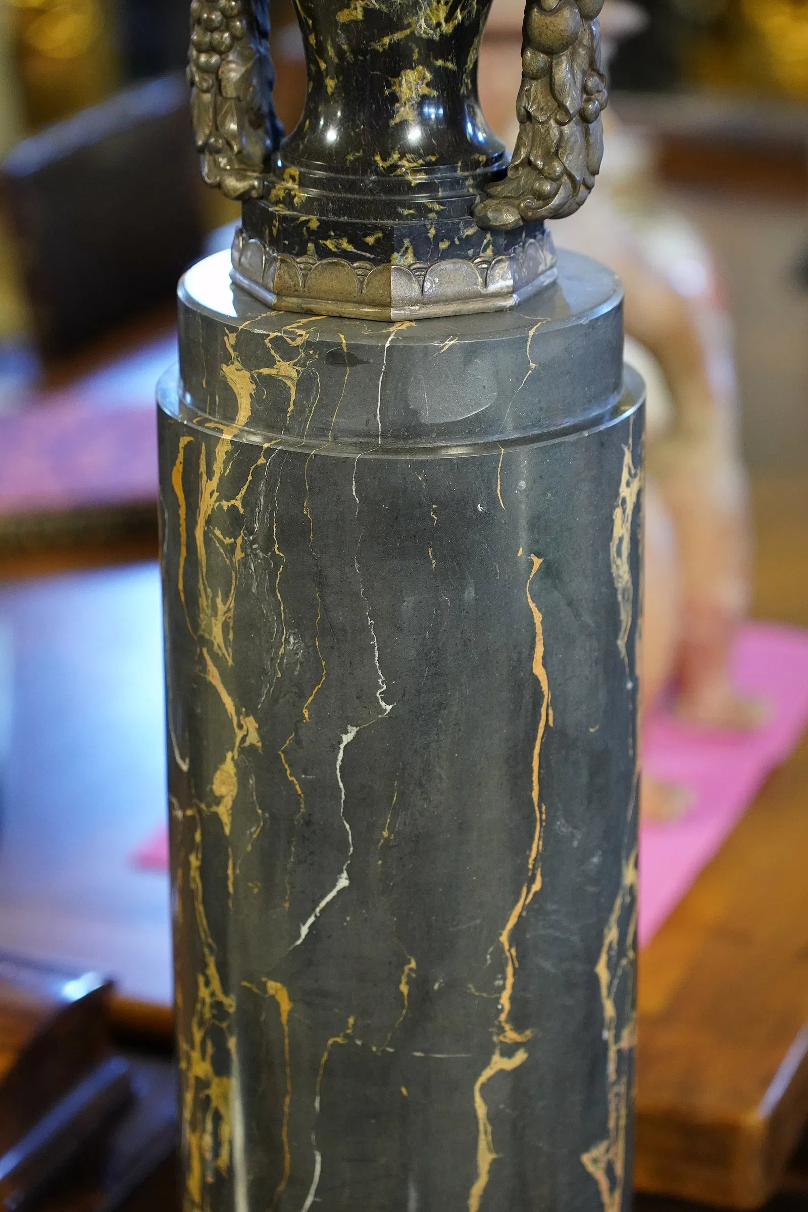 AF8-005: Antique Pair French Art Deco Marble and Silver Bronze Urns on Pedestals