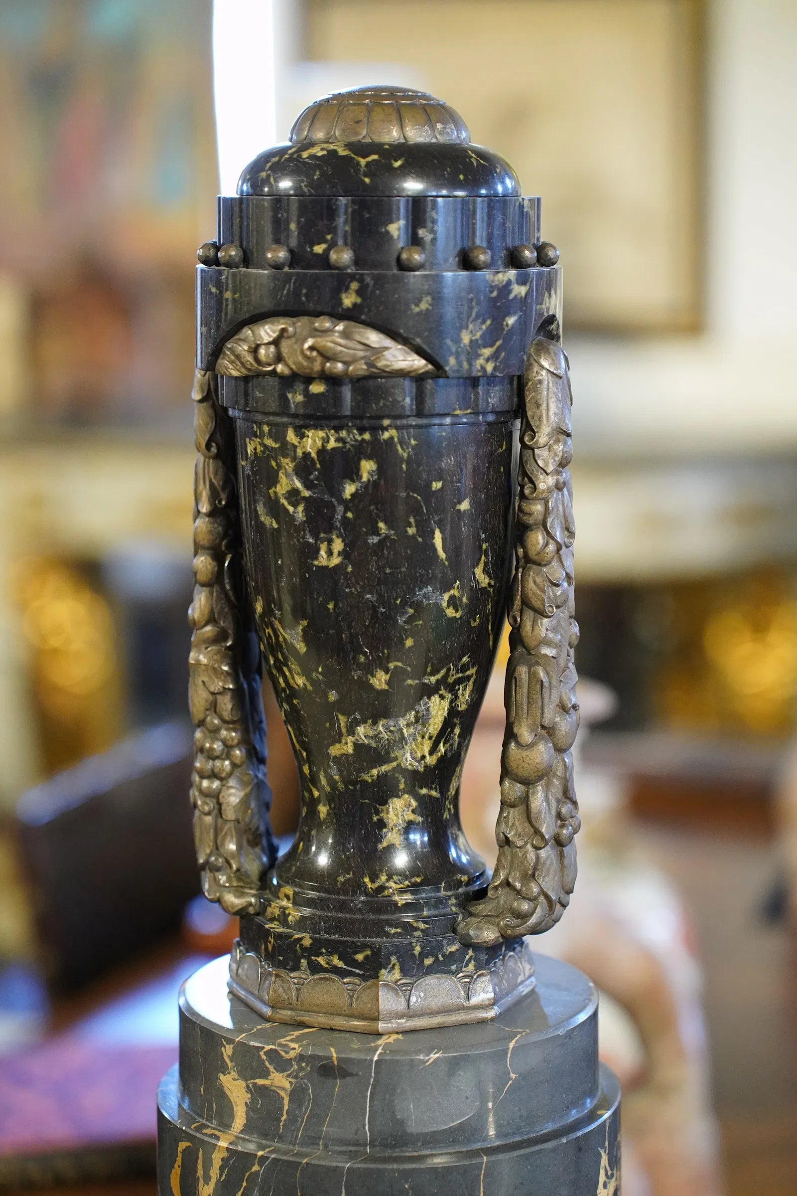 AF8-005: Antique Pair French Art Deco Marble and Silver Bronze Urns on Pedestals