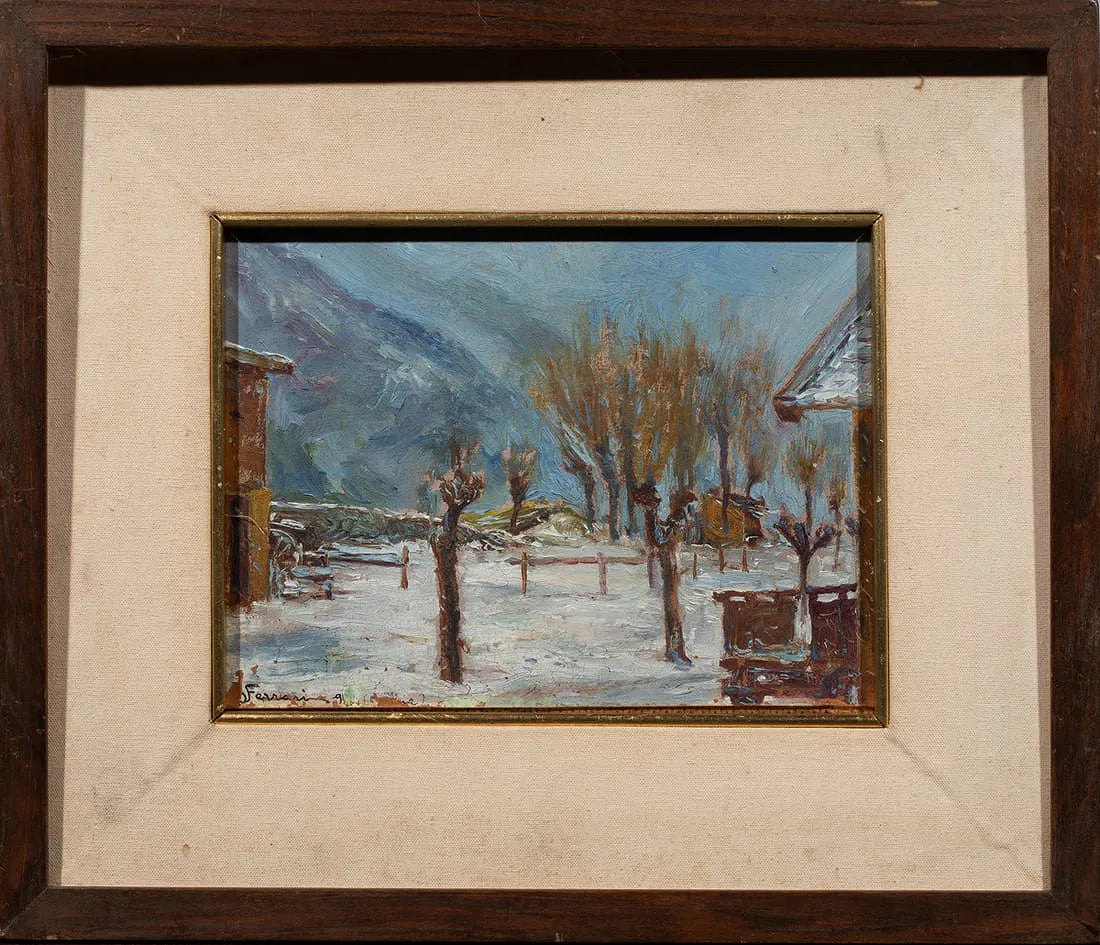 AW052: Berto Ferrari Impressionist Winter Landscape Oil on Board Painting