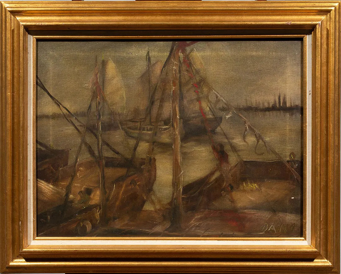 Oani American WPA Oil on Canvas Painting of Boats at Harbor | Work of Man