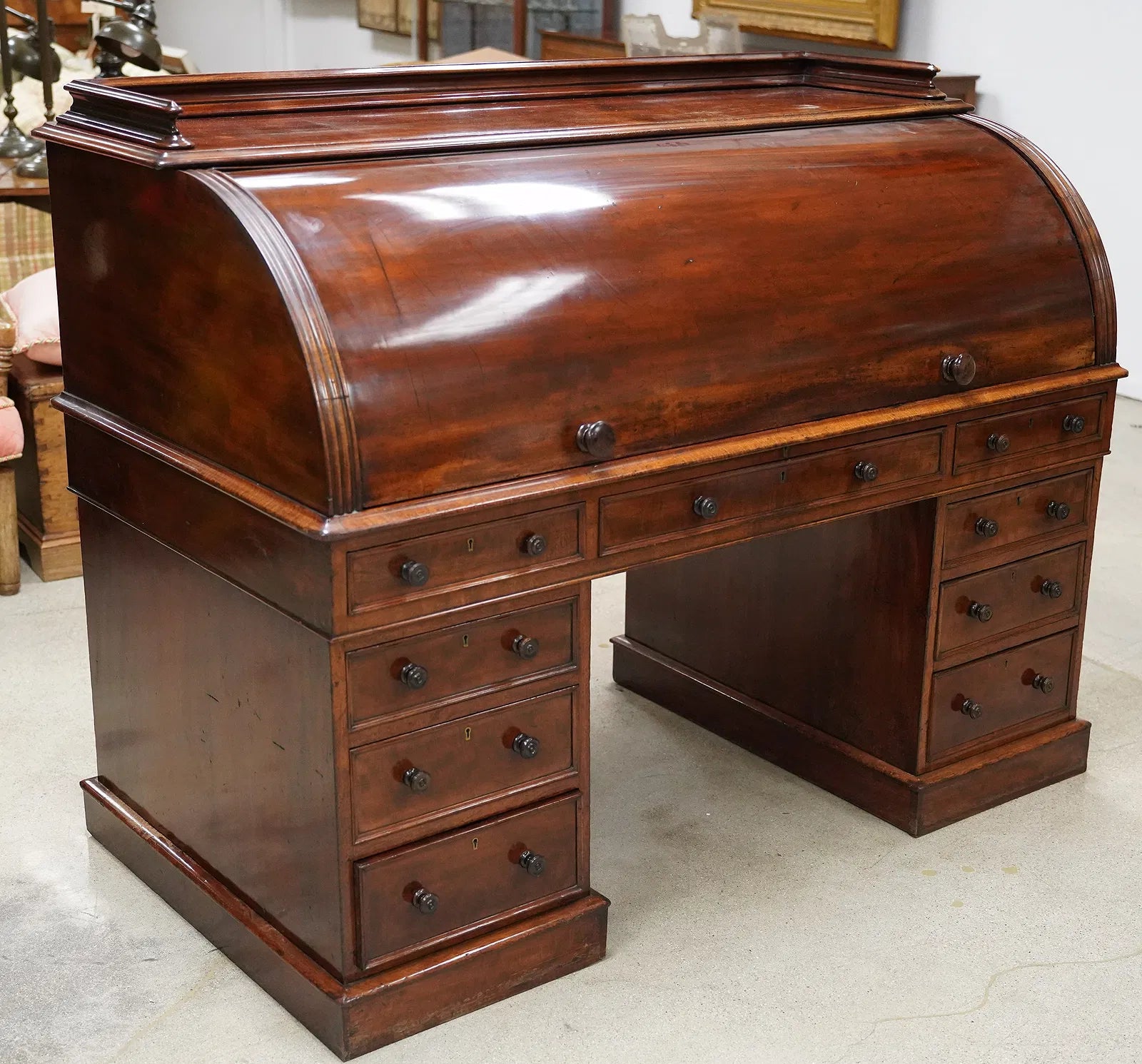 AF5-055: Antique English Mahogany Early Victorian Roll Top Desk By James Winter & Son