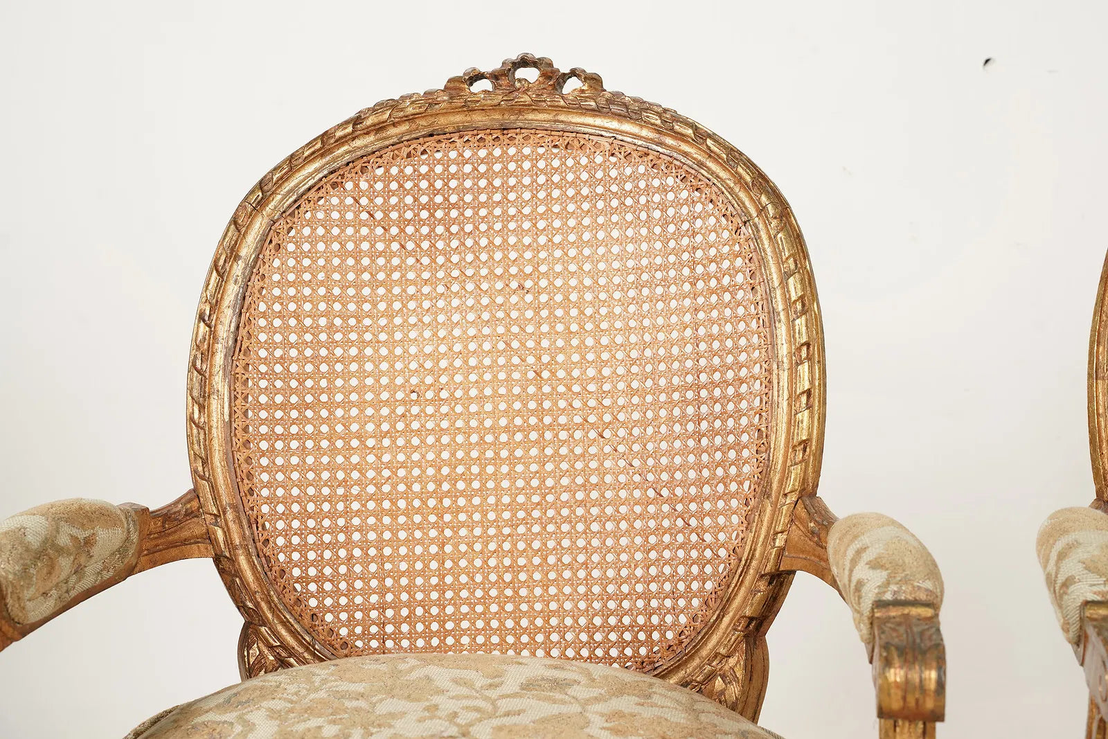 AF2-189: Antique Pair of Louis XVI Style Carved Gilt Wood Fauteuils Late 19th Century