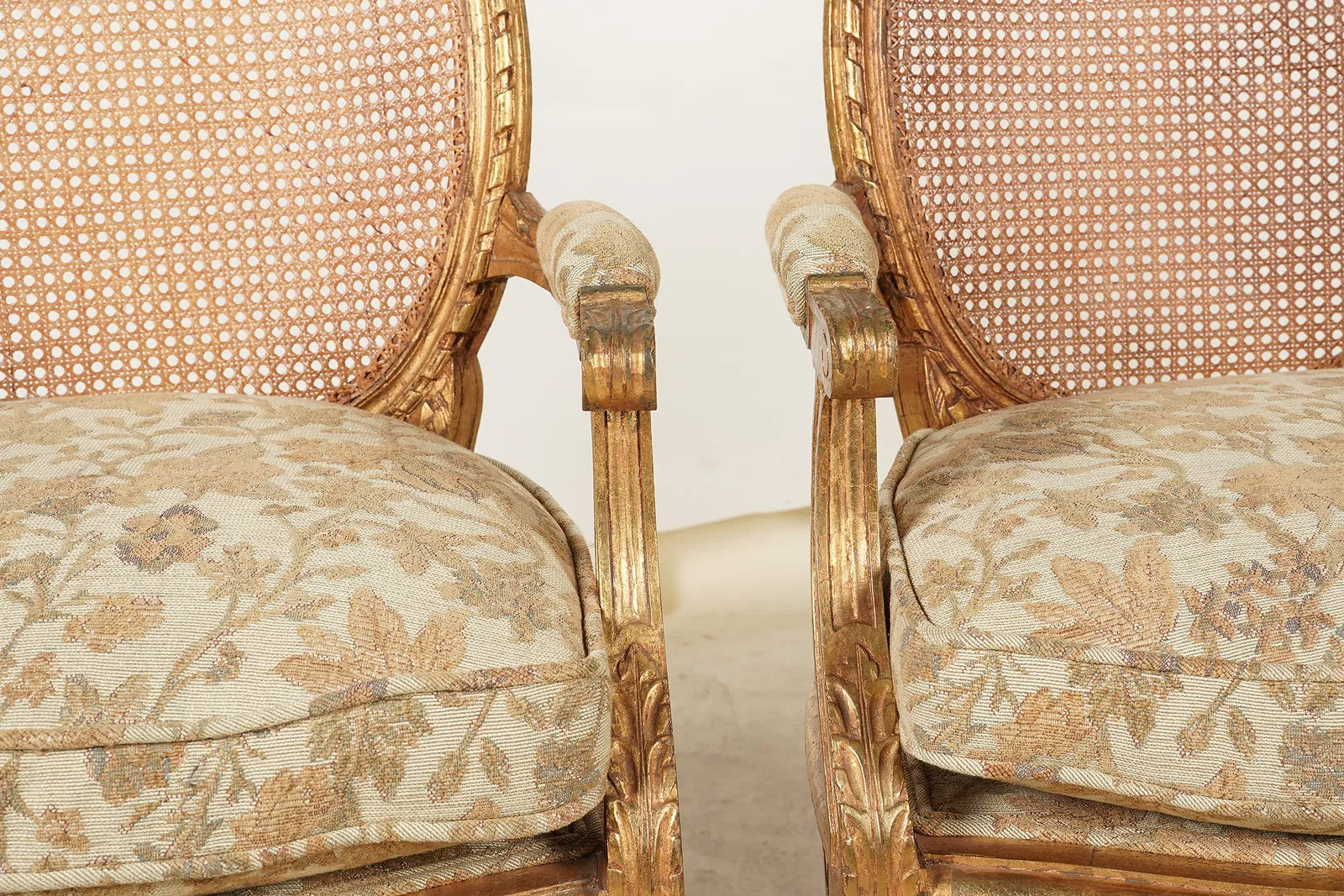 AF2-189: Antique Pair of Louis XVI Style Carved Gilt Wood Fauteuils Late 19th Century