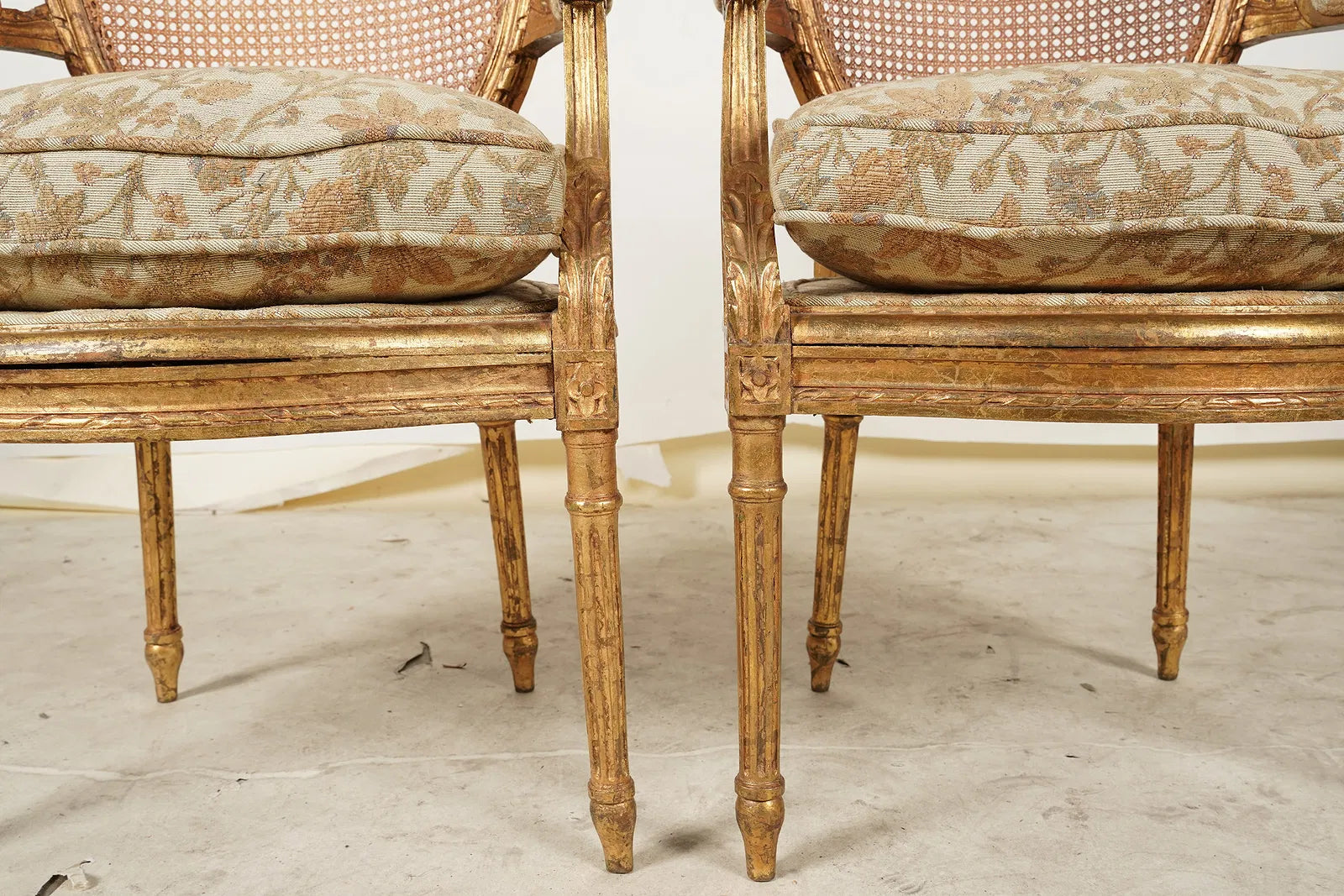 AF2-189: Antique Pair of Louis XVI Style Carved Gilt Wood Fauteuils Late 19th Century