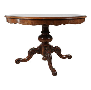 AF1-164:Antique English Victorian Carved Walnut Burl 48" Round Dining Table