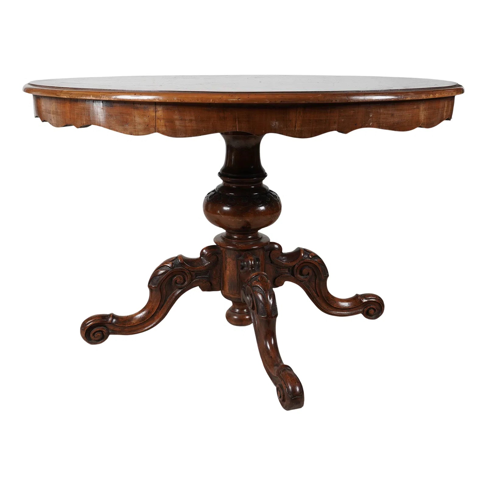 Antique English Victorian Carved Walnut Burl 48" Round Dining Table | Work of Man