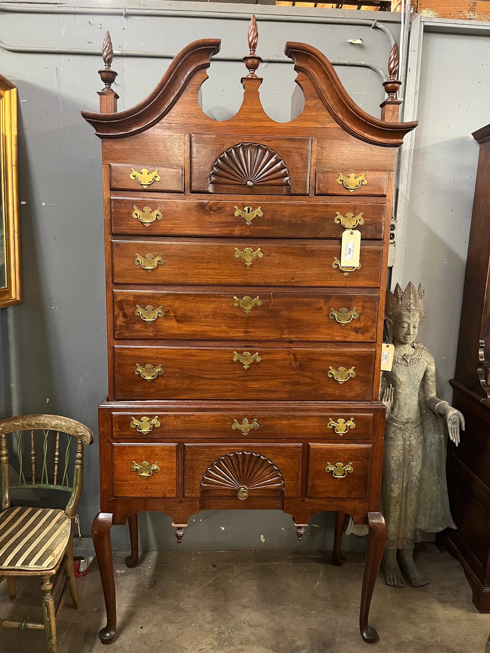 AF4-052: Antique Early 18th Century Massachusetts Walnut Bonnet Top Highboy