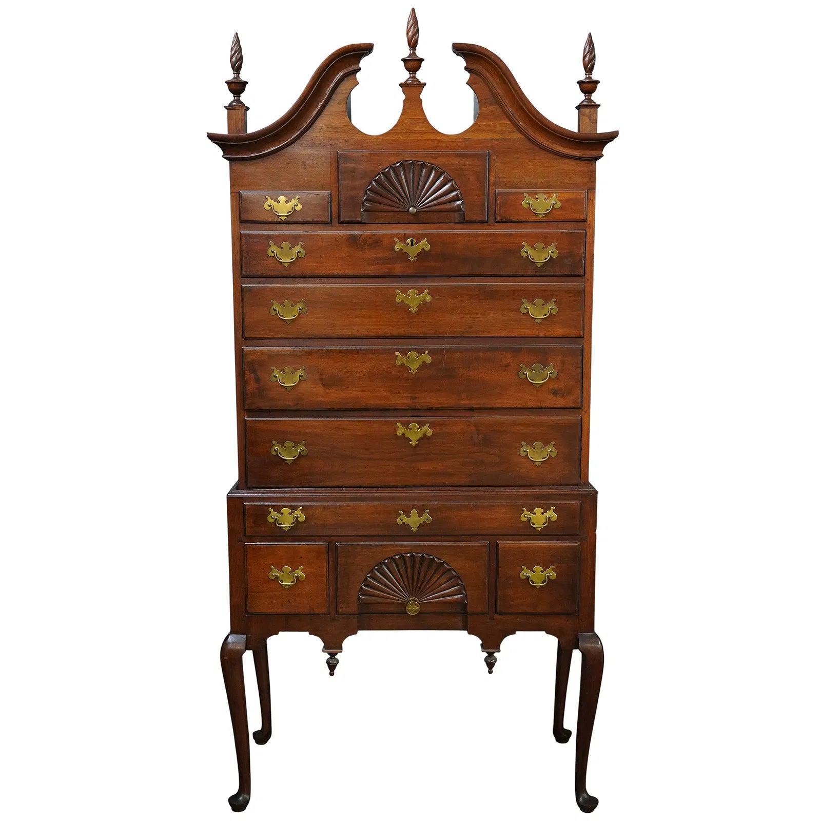 Antique Early 18th Century Massachusetts Walnut Bonnet Top Highboy | Work of Man