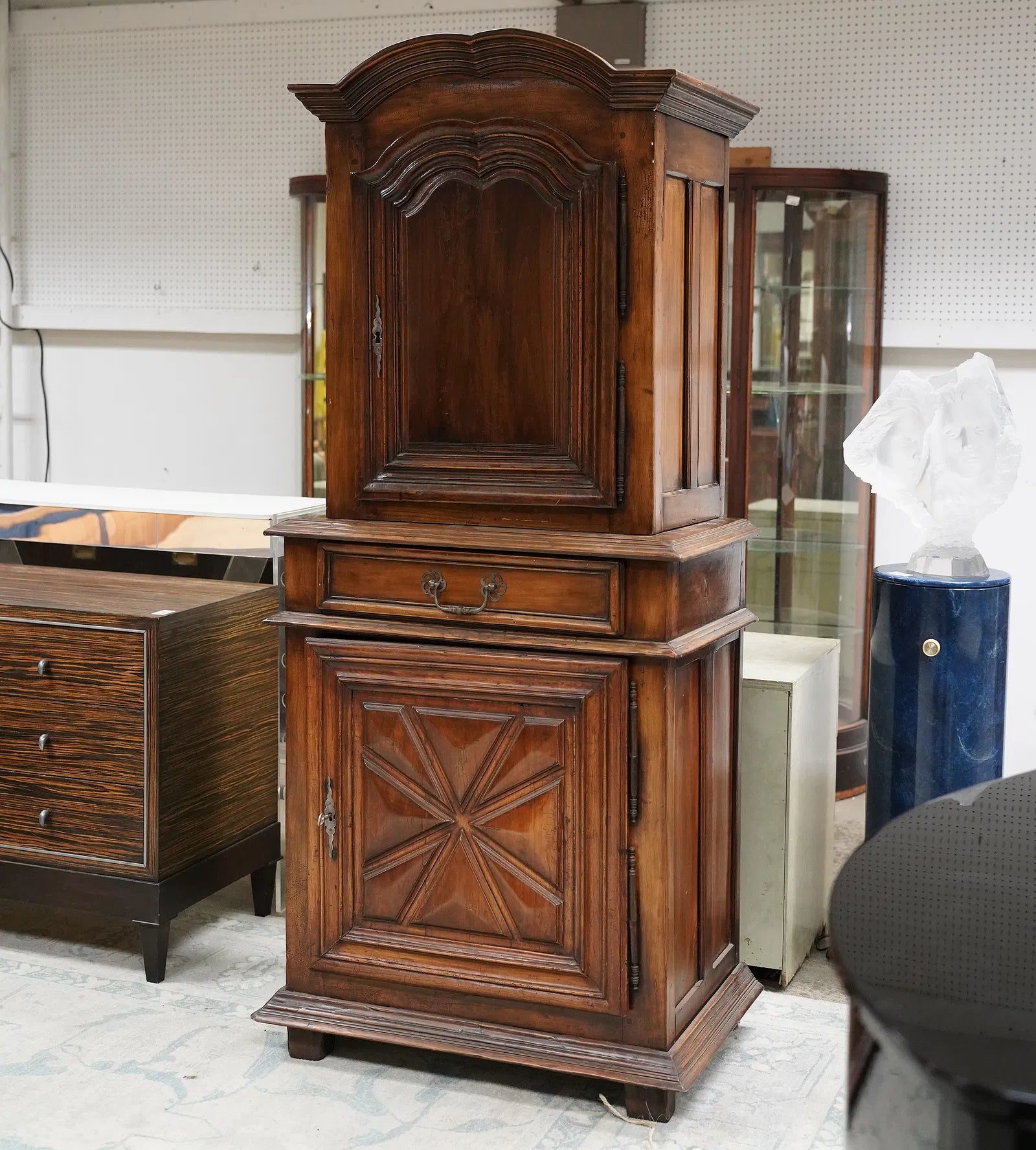 AF3-058: Antique French Provincial Walnut Buffet a Deux Corps 18th Century