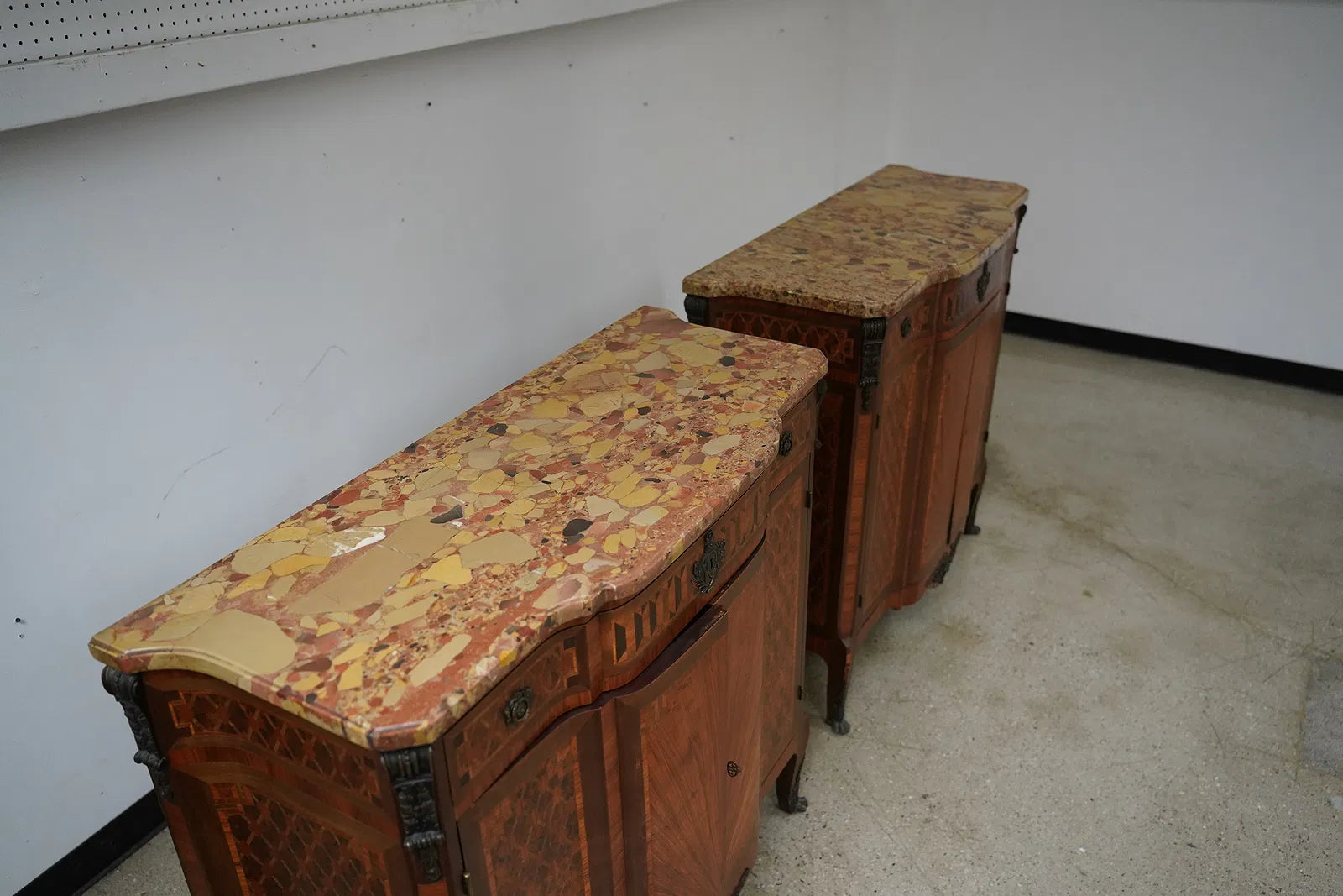 AF3-061: Antique Pair Louis XV Parquetry Commodes With Breche D'Alep Marble Tops Late 19th Century