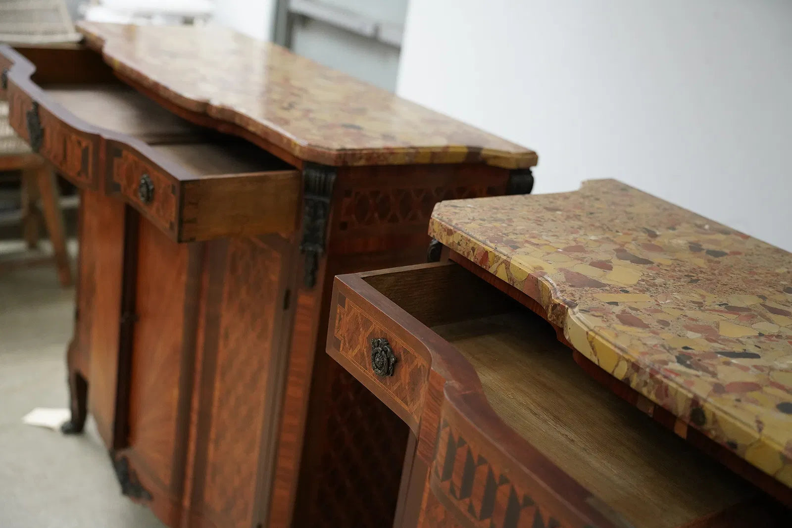 AF3-061: Antique Pair Louis XV Parquetry Commodes With Breche D'Alep Marble Tops Late 19th Century