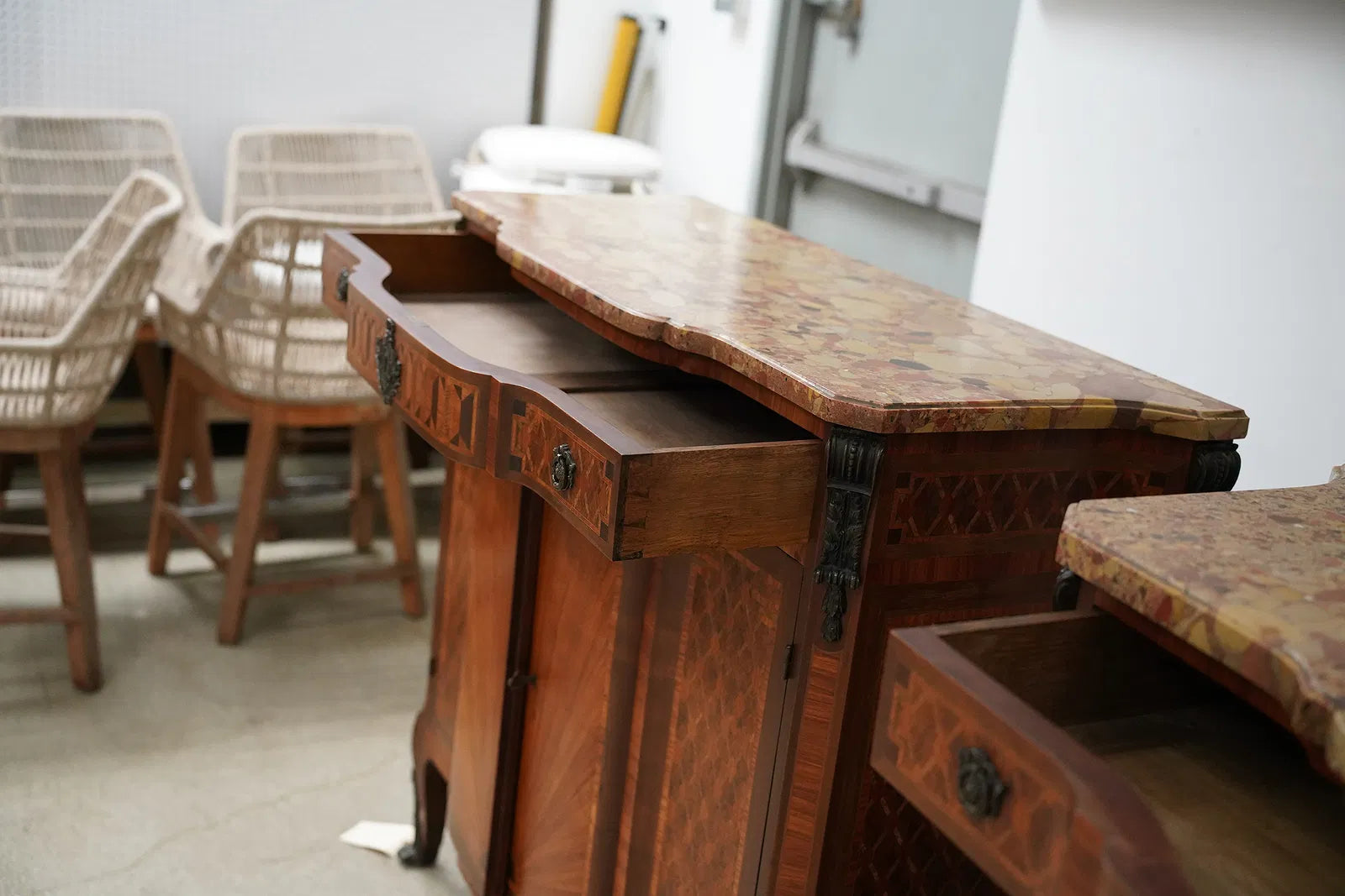 AF3-061: Antique Pair Louis XV Parquetry Commodes With Breche D'Alep Marble Tops Late 19th Century