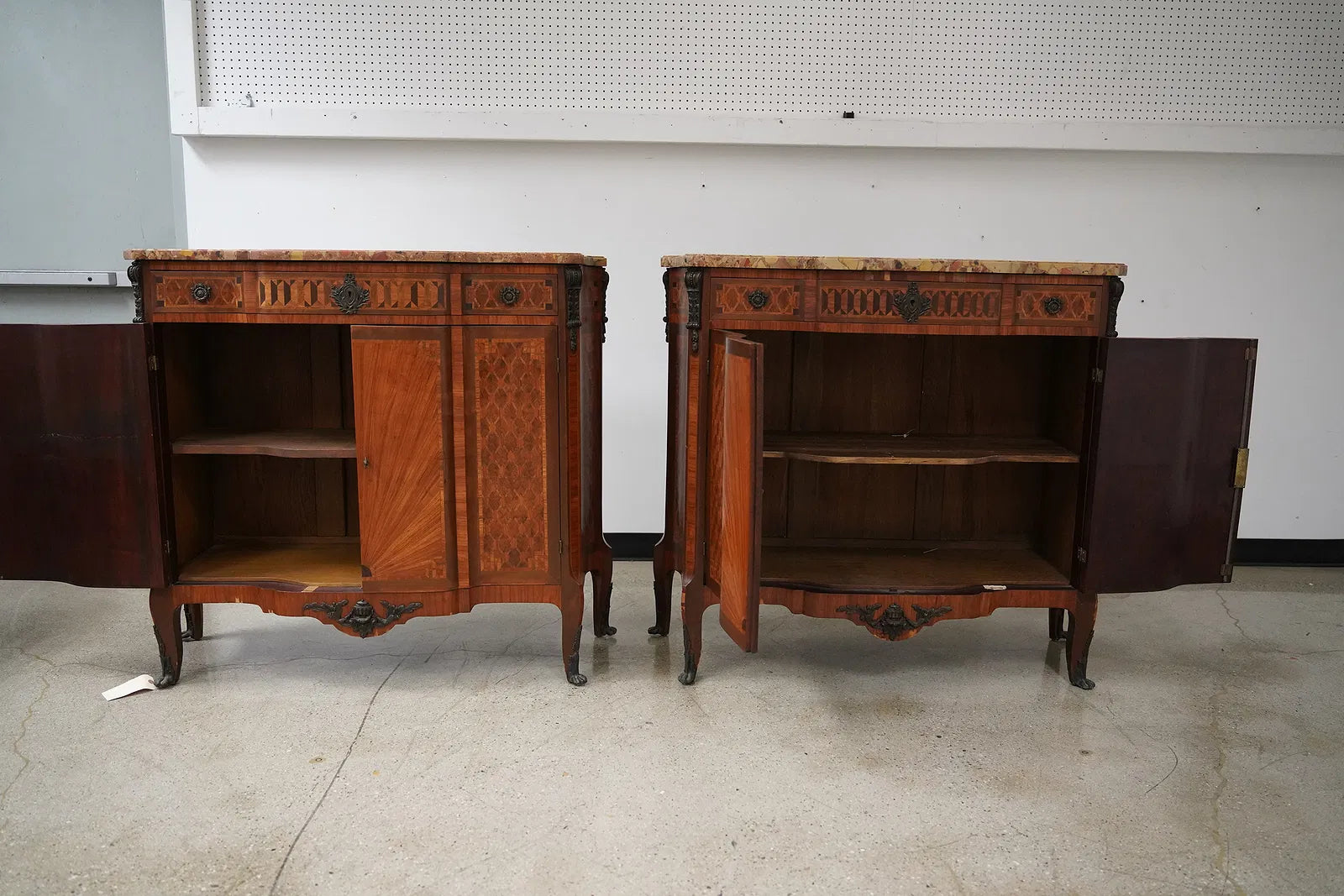 AF3-061: Antique Pair Louis XV Parquetry Commodes With Breche D'Alep Marble Tops Late 19th Century