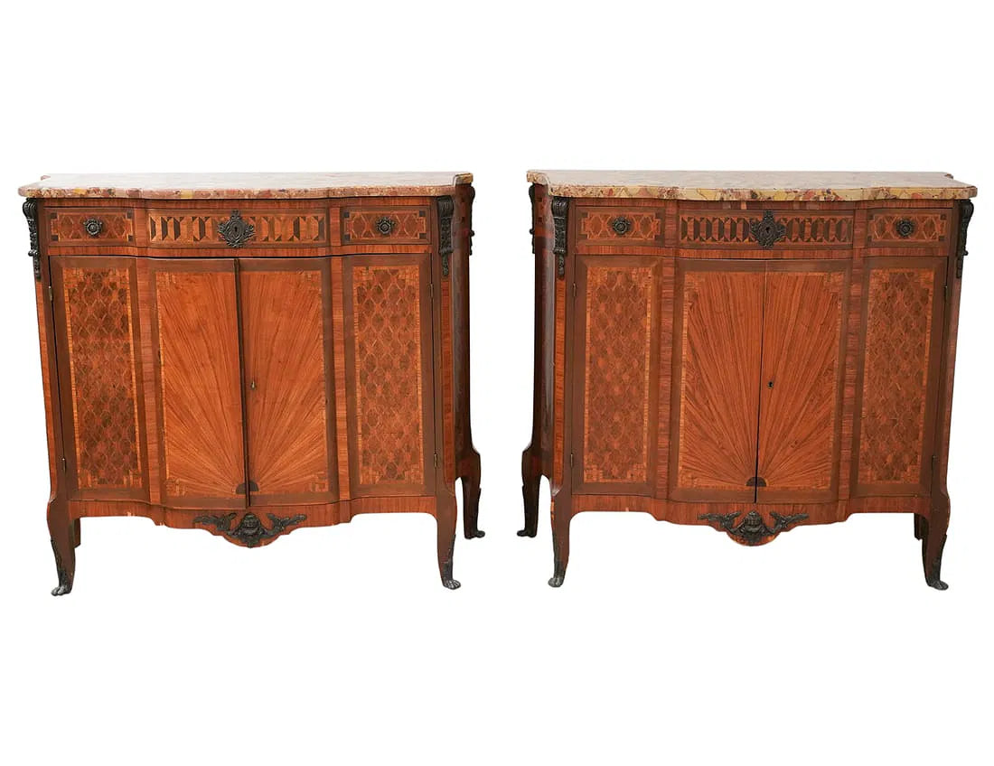 Antique Pair Louis XV Parquetry Commodes With Breche D'Alep Marble | Work of Man