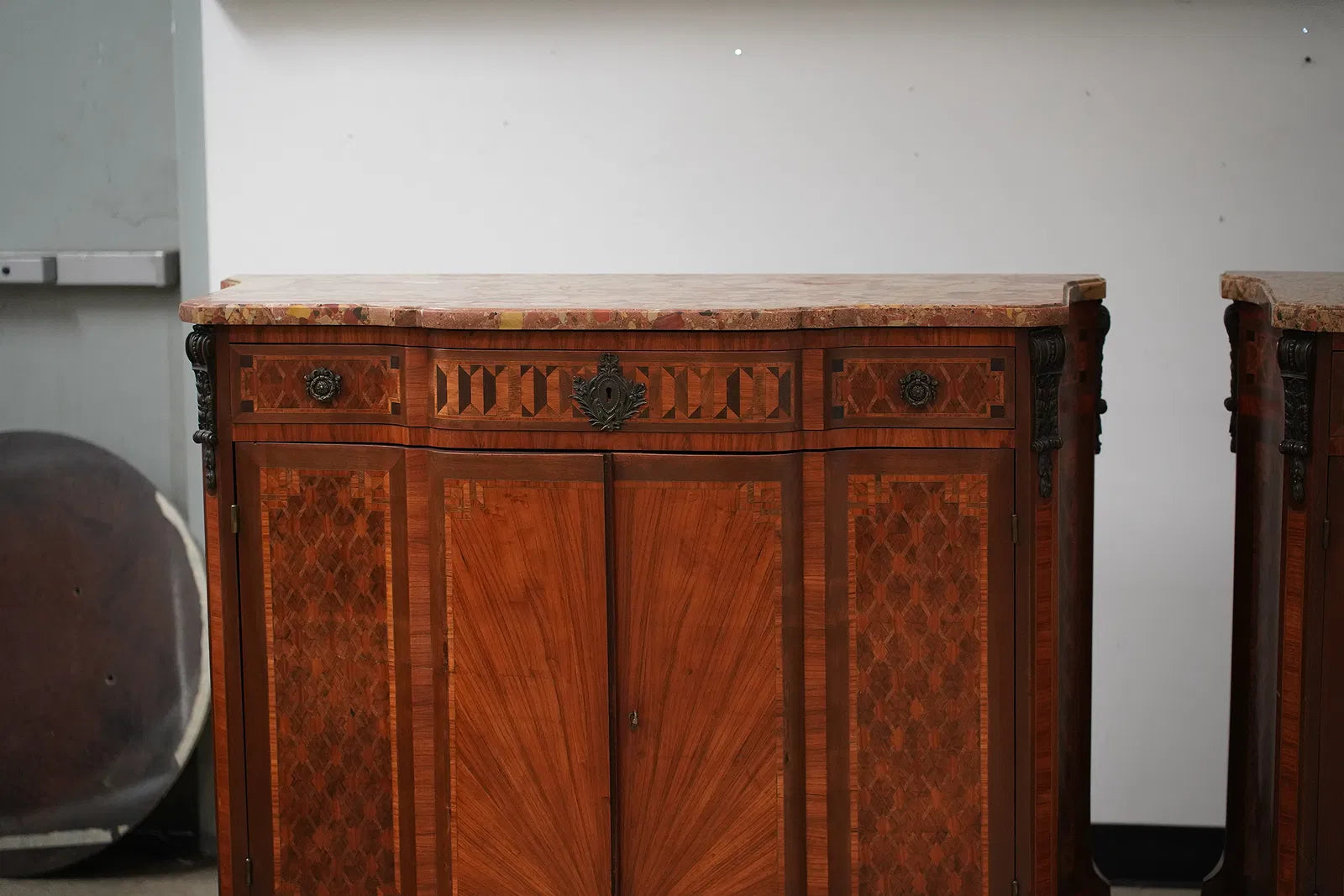 AF3-061: Antique Pair Louis XV Parquetry Commodes With Breche D'Alep Marble Tops Late 19th Century