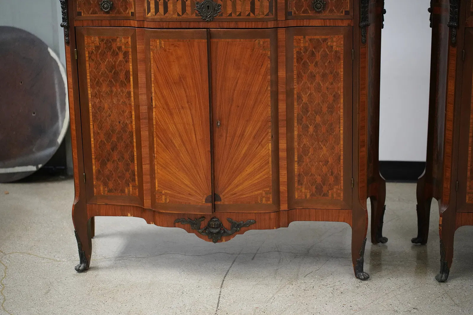 AF3-061: Antique Pair Louis XV Parquetry Commodes With Breche D'Alep Marble Tops Late 19th Century
