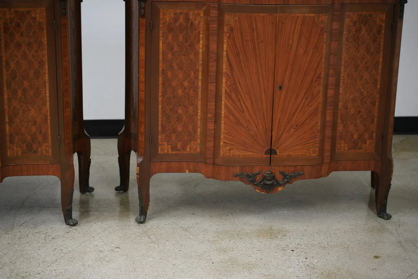AF3-061: Antique Pair Louis XV Parquetry Commodes With Breche D'Alep Marble Tops Late 19th Century