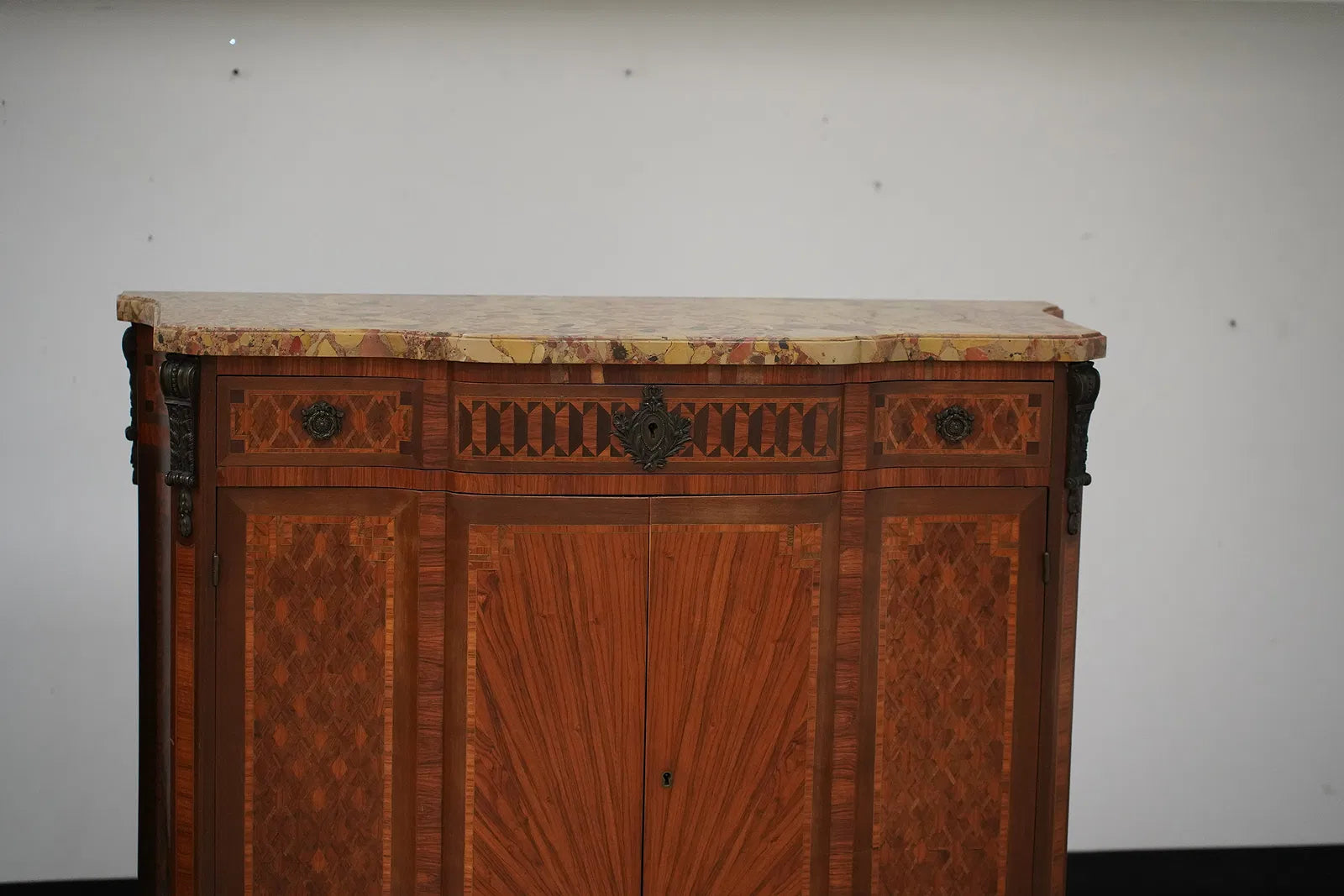 AF3-061: Antique Pair Louis XV Parquetry Commodes With Breche D'Alep Marble Tops Late 19th Century