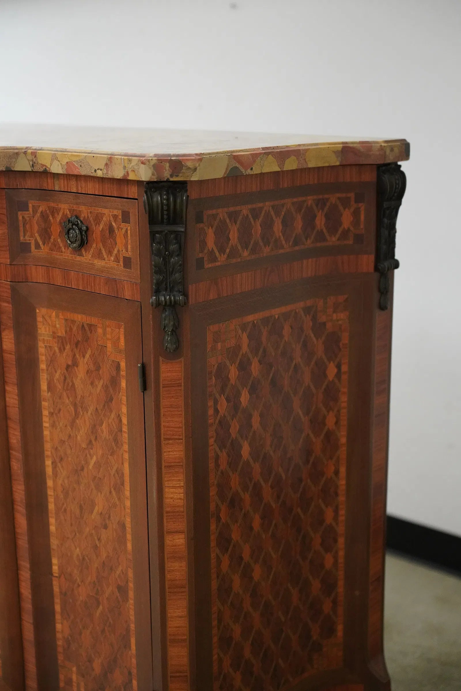 AF3-061: Antique Pair Louis XV Parquetry Commodes With Breche D'Alep Marble Tops Late 19th Century