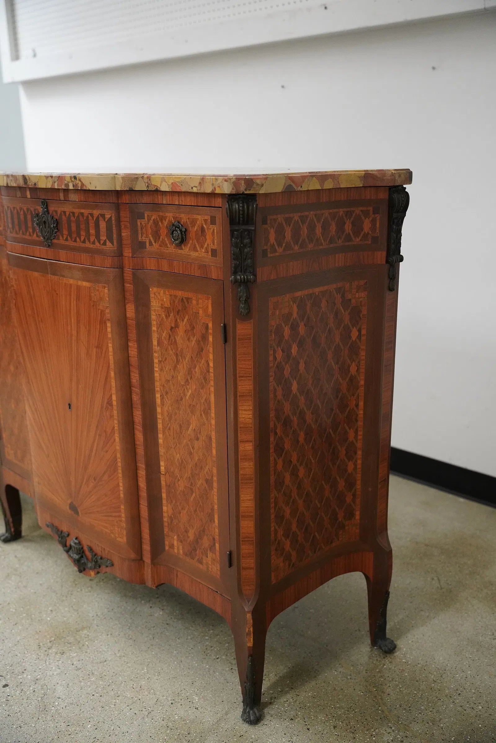 AF3-061: Antique Pair Louis XV Parquetry Commodes With Breche D'Alep Marble Tops Late 19th Century