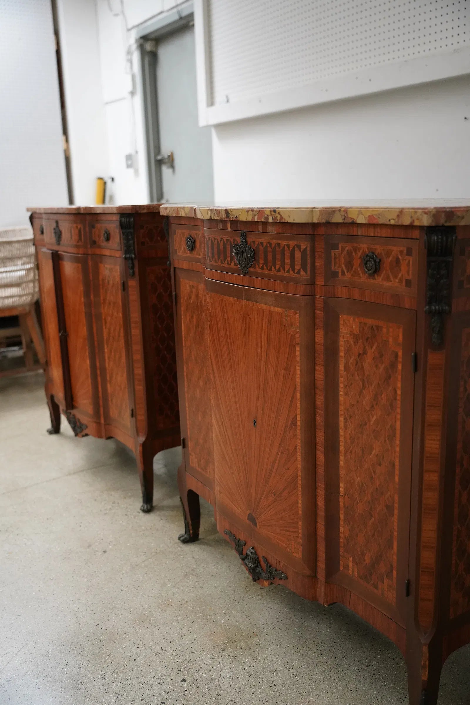 AF3-061: Antique Pair Louis XV Parquetry Commodes With Breche D'Alep Marble Tops Late 19th Century