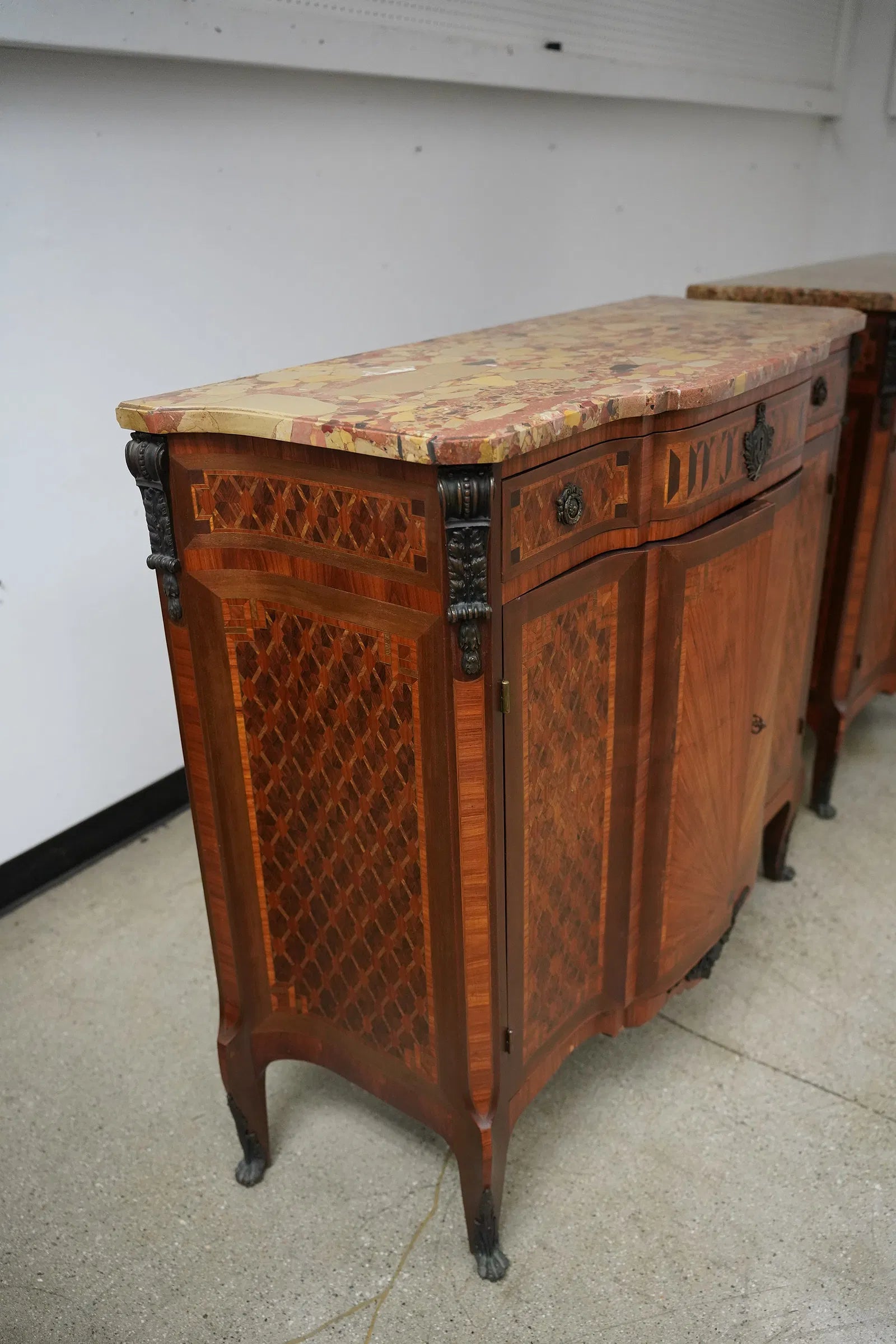 AF3-061: Antique Pair Louis XV Parquetry Commodes With Breche D'Alep Marble Tops Late 19th Century