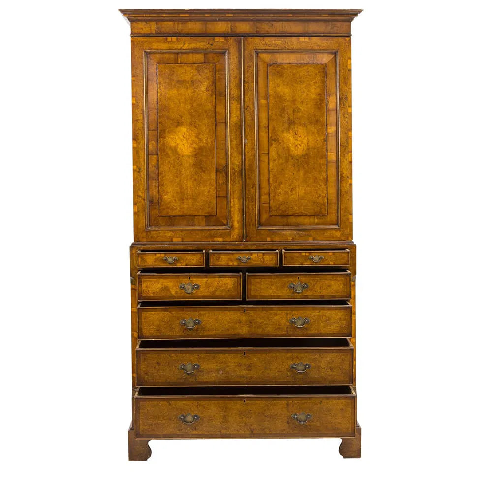AF4-061: Antique Early 19th Century Georgian Burl Elm and Walnut Linen Press
