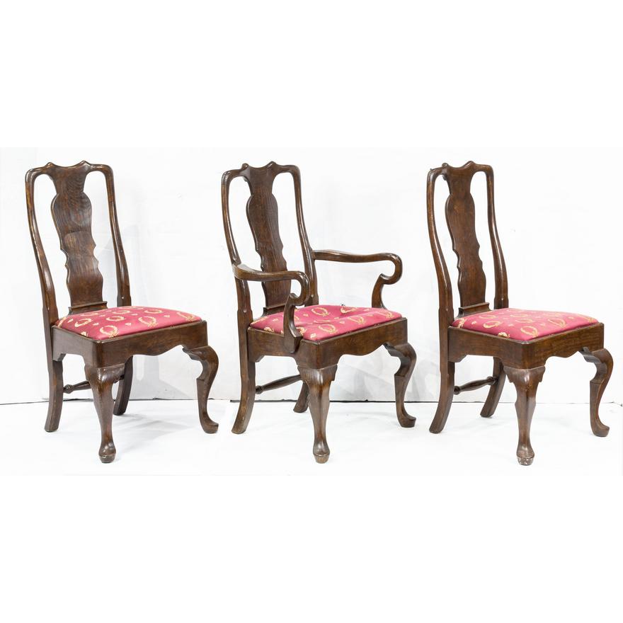 AF2-222: VINTAGE SET OF 6 MID 20TH CENTURY QUEEN ANNE STYLE OAK DINING CHAIRS