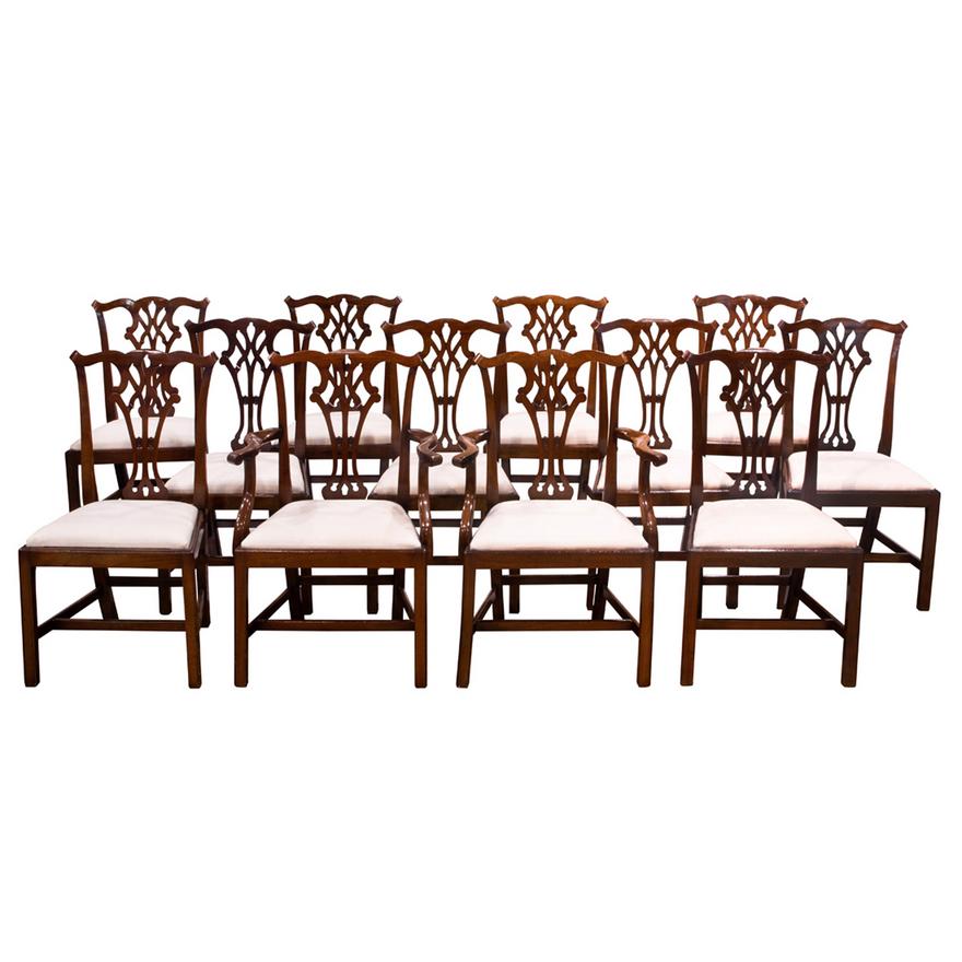 AF2-254: ANTIQUE SET OF 12 EARLY 20TH CENTURY GEORGE III STYLE BENCH MADE HAND CARVED MAHOGANY DINING CHAIRS