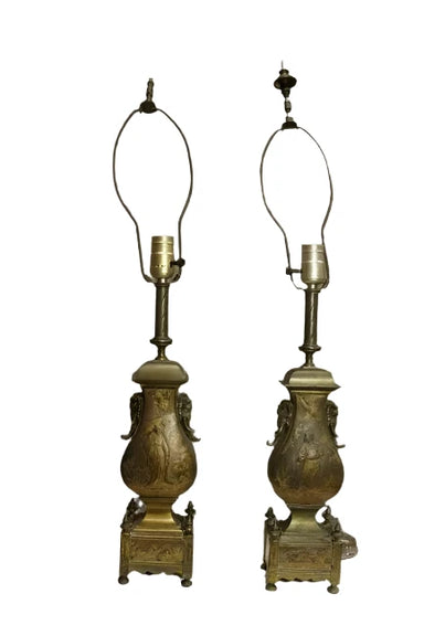 Antique Pair  Early 20th Century Chinoiserie Bronze Table Lamps | Work of Man
