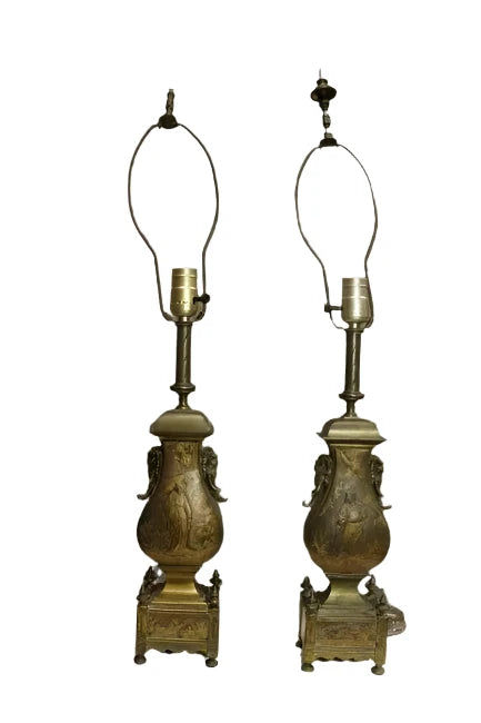Antique Pair  Early 20th Century Chinoiserie Bronze Table Lamps | Work of Man