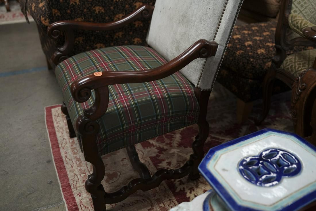 AF2-126: Vintage Pair of Late 20th Century Louis XIV Style Walnut Upholstered Armchairs