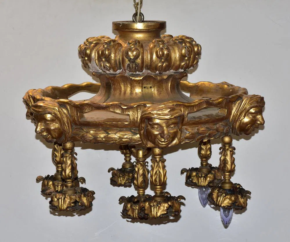 Antique Circa 1900 Arts & Crafts Monks Head Gilt Gesso Chandelier | Work of Man