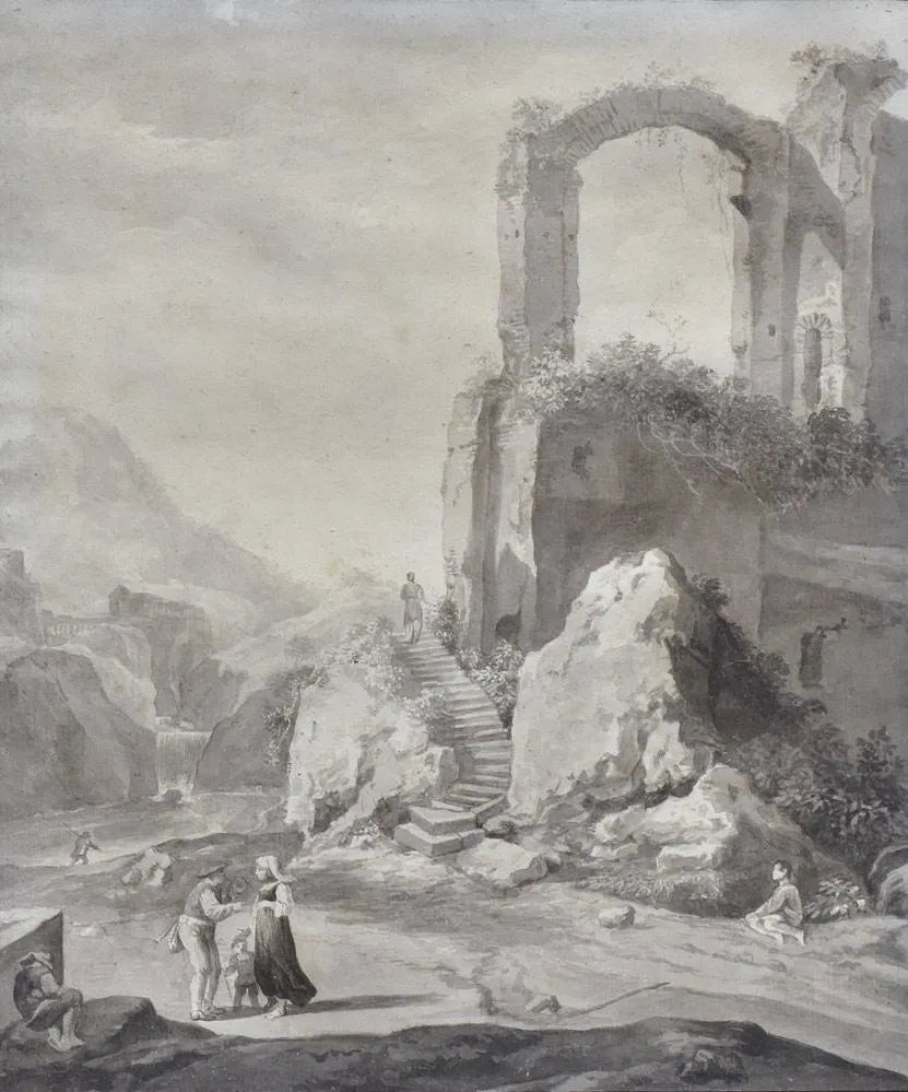 AW6-013: Antique 18th Century Ink Wash of Italian Ruins