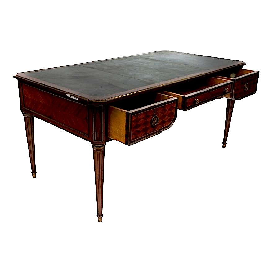 AF5-008: ANTIQUE EARLY 20TH CENTURY LOUIS XVI STYLE MAHOGANY BUREAU PLAT W/ LEATHER TOP