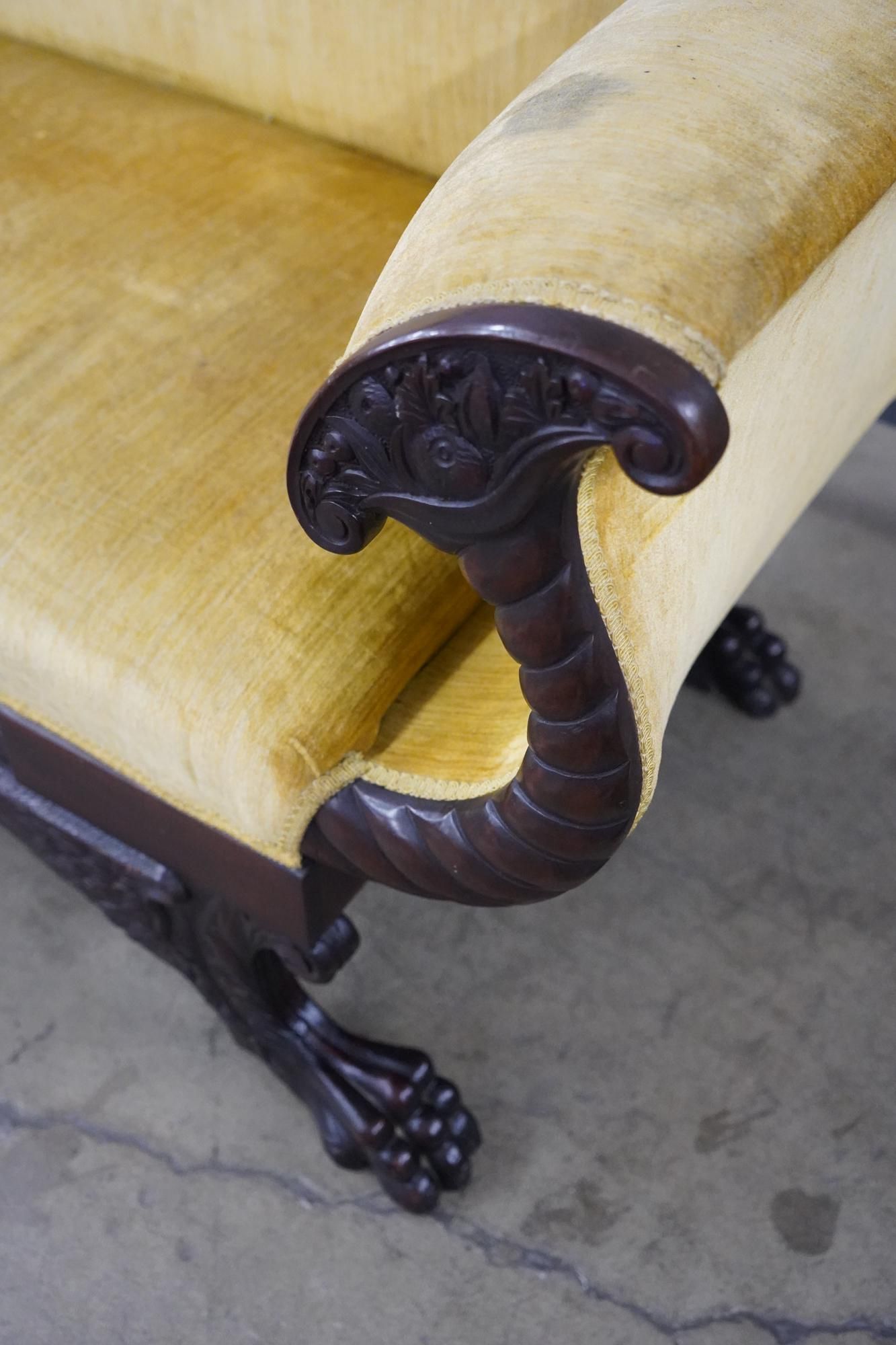 AF2-100: Antique Circa 1810 - 1830 American Empire Cornucopia Mahogany Upholstered Sofa