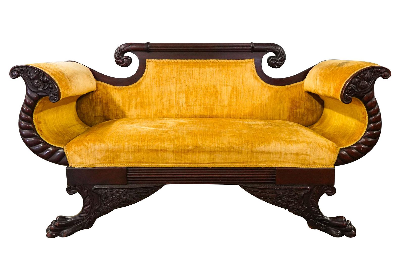 AF2-100: Antique Circa 1810 - 1830 American Empire Cornucopia Mahogany Upholstered Sofa