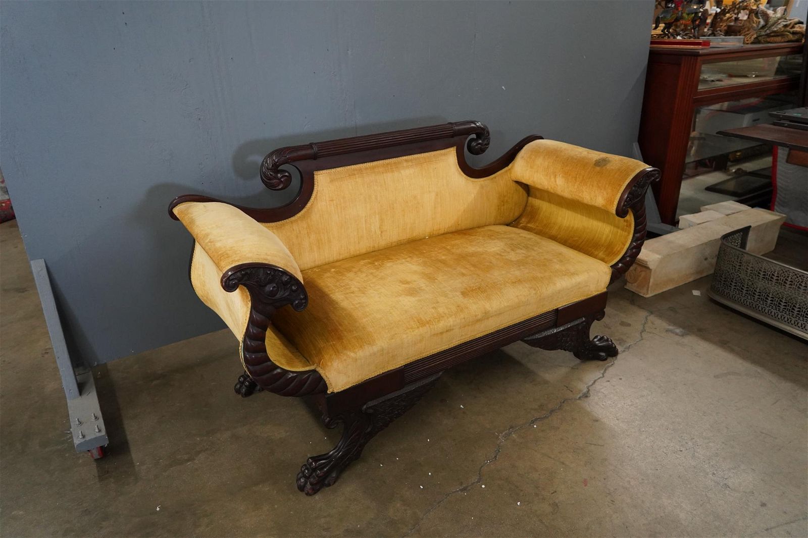 AF2-100: Antique Circa 1810 - 1830 American Empire Cornucopia Mahogany Upholstered Sofa
