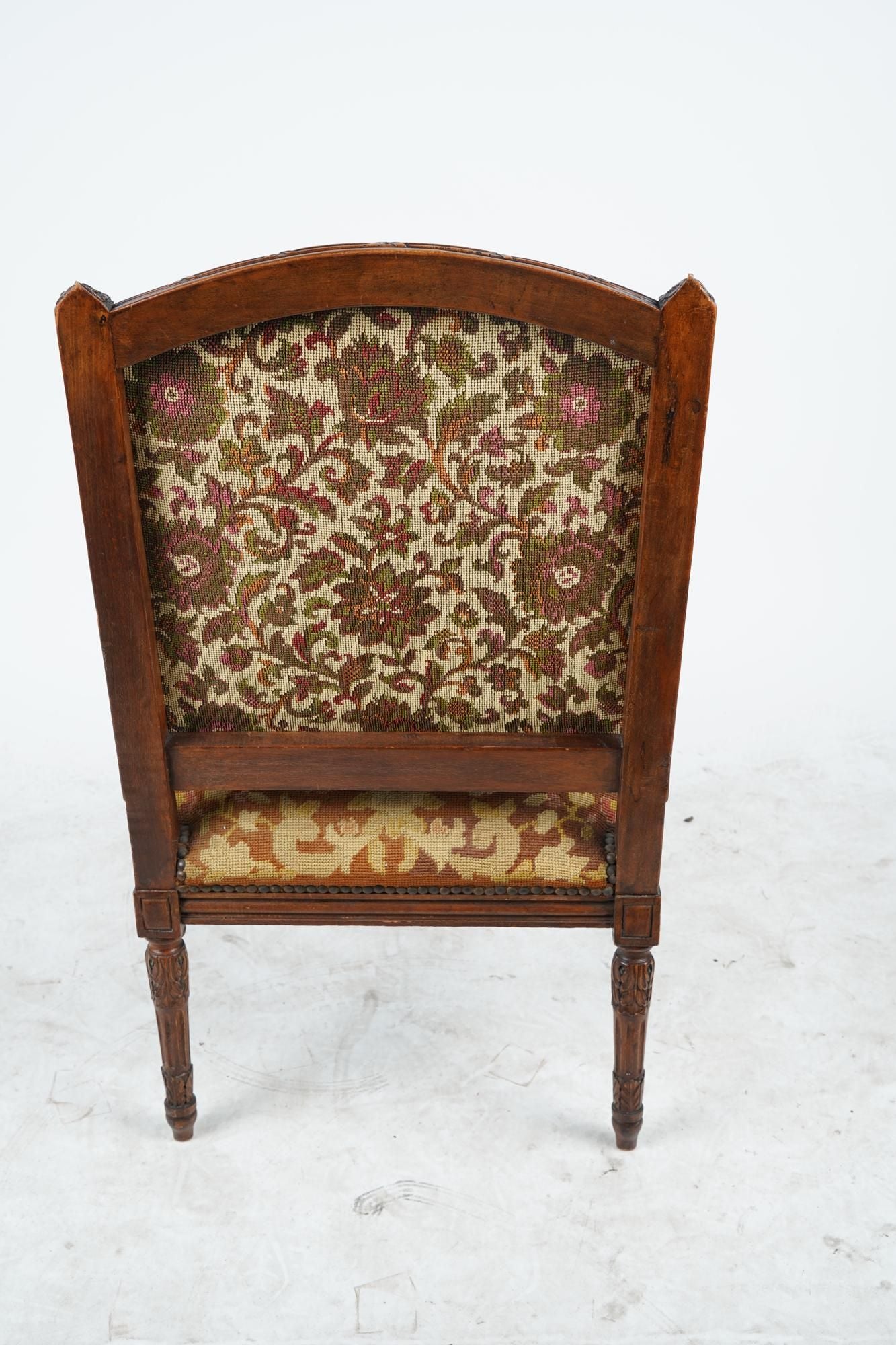 AF2-012: ANTIQUE LATE 19TH CENTURY FRENCH LOUIS XVI STYLE CARVED WALNUT FAUTEUIL