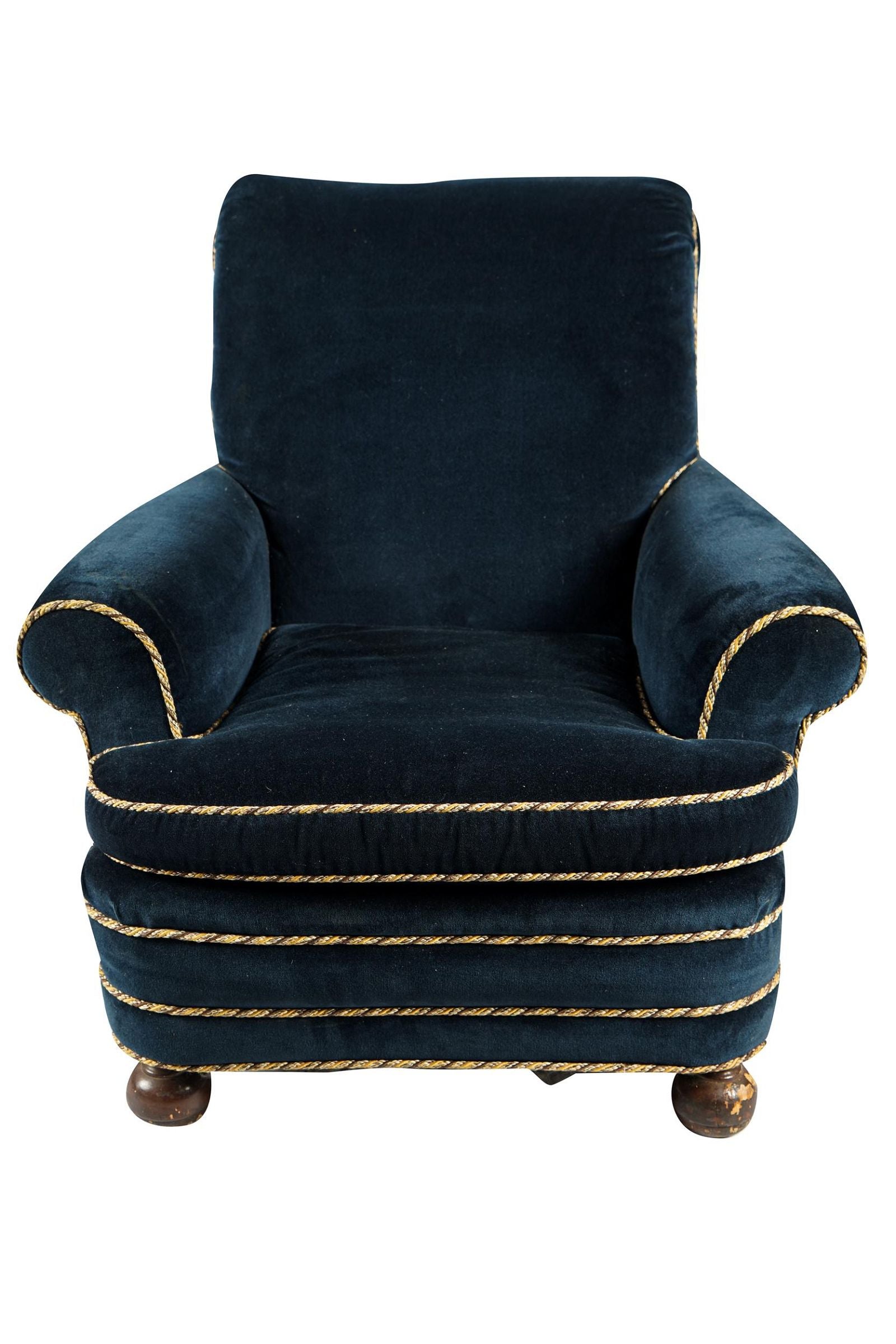 AF2-377: ANTIQUE EARLY 20TH C ART DECO BLUE VELVET UPHOLSTERED CLUB CHAIR - PENNY MARSHALL
