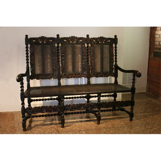 AF2-127: Antique Late 19th Century Jacobean Style Carved Oak Caned Hall Settee
